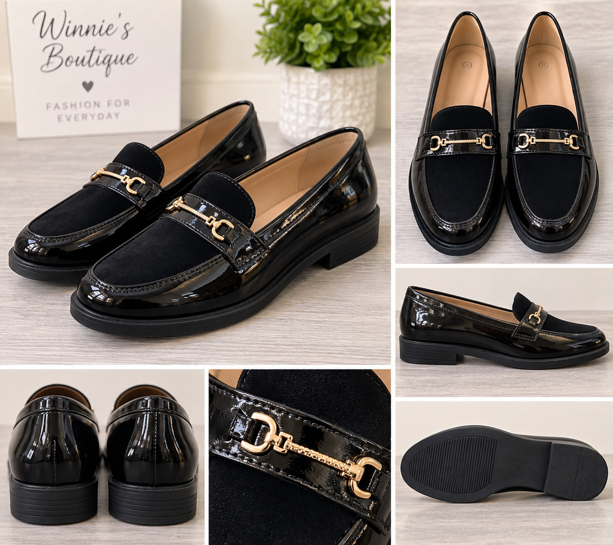 Women’s Black Patent & Faux Suede Horsebit Loafers – Gold Detail