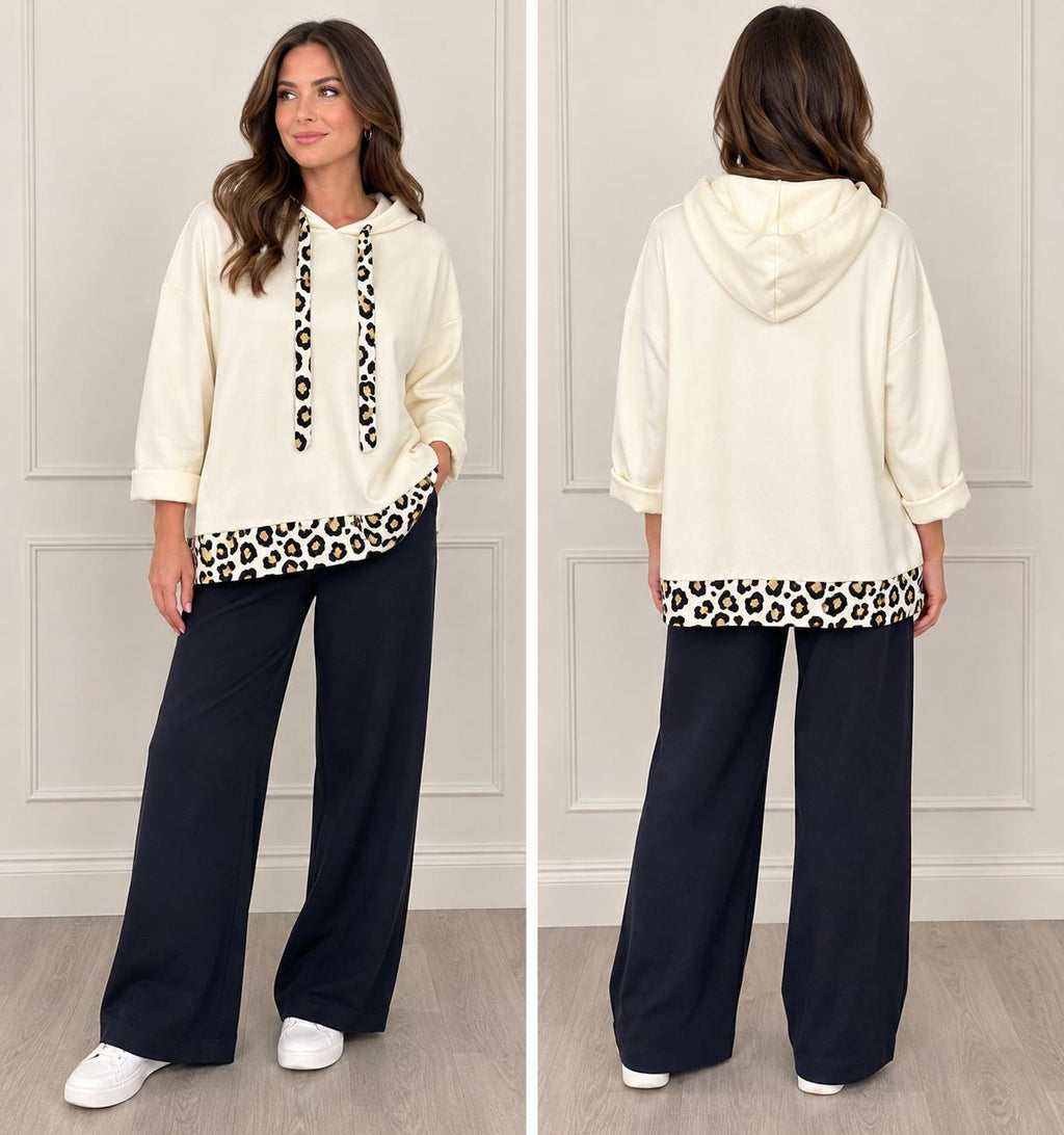 Ladies  Italian Leopard Print Trim Oversize Hoodie