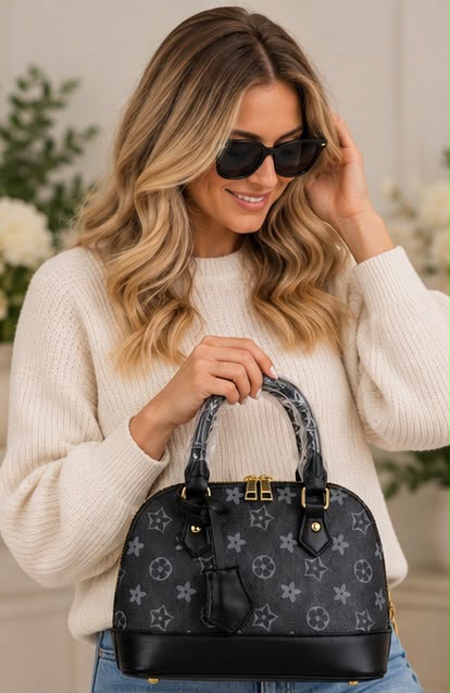 Ladies Monogram Print Dome Handbag with Detachable Cross body Strap