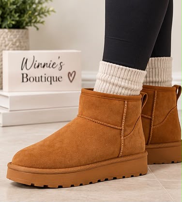 Ladies Faux Suede Fur Lined Ultra Mini Ankle Boots – Black & Chestnut