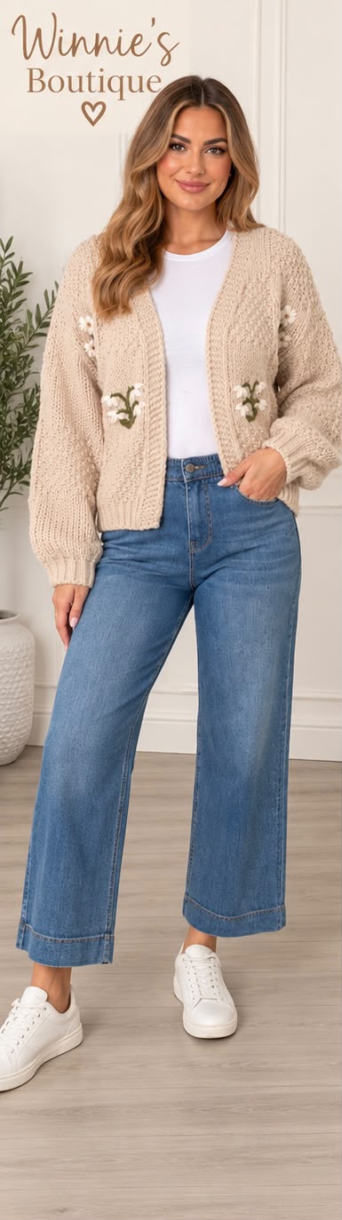 Ladies Floral Detail Chunky Knit Cardigan – Stone