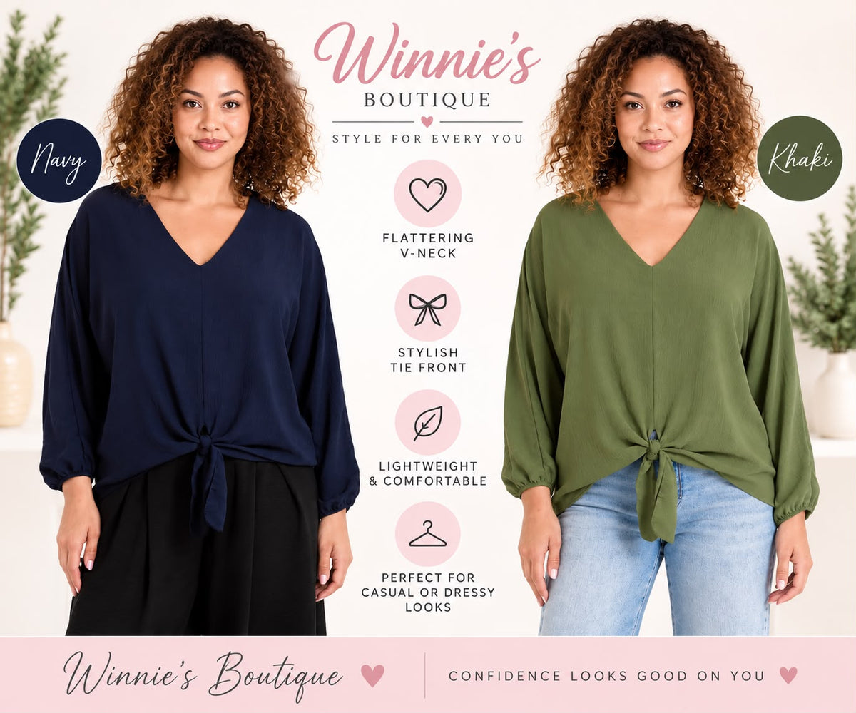 Ladies V-Neck Tie Front Blouse – Long Sleeve – Navy & Khaki