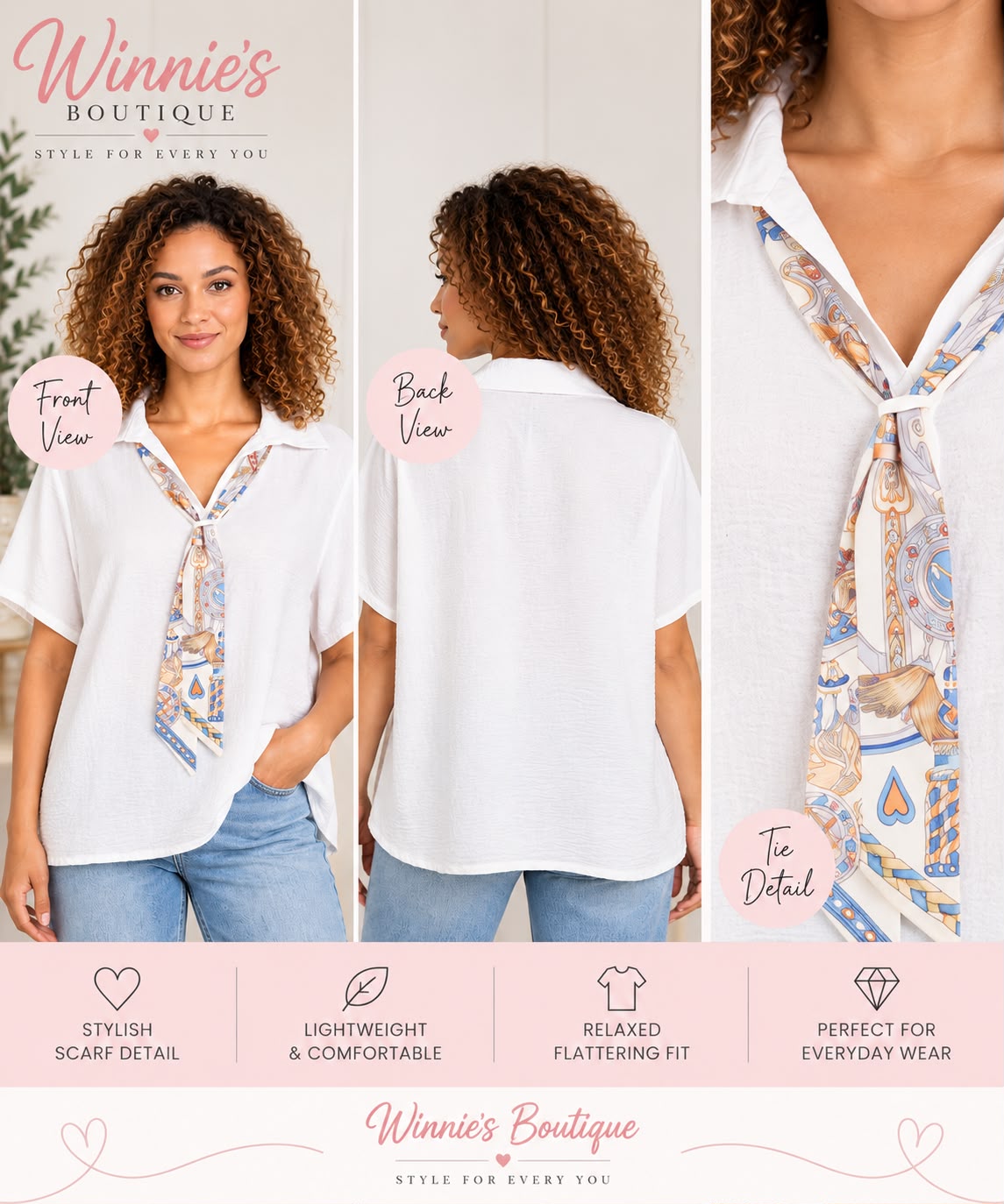 Ladies Scarf Tie Collar Blouse – White – Short Sleeve