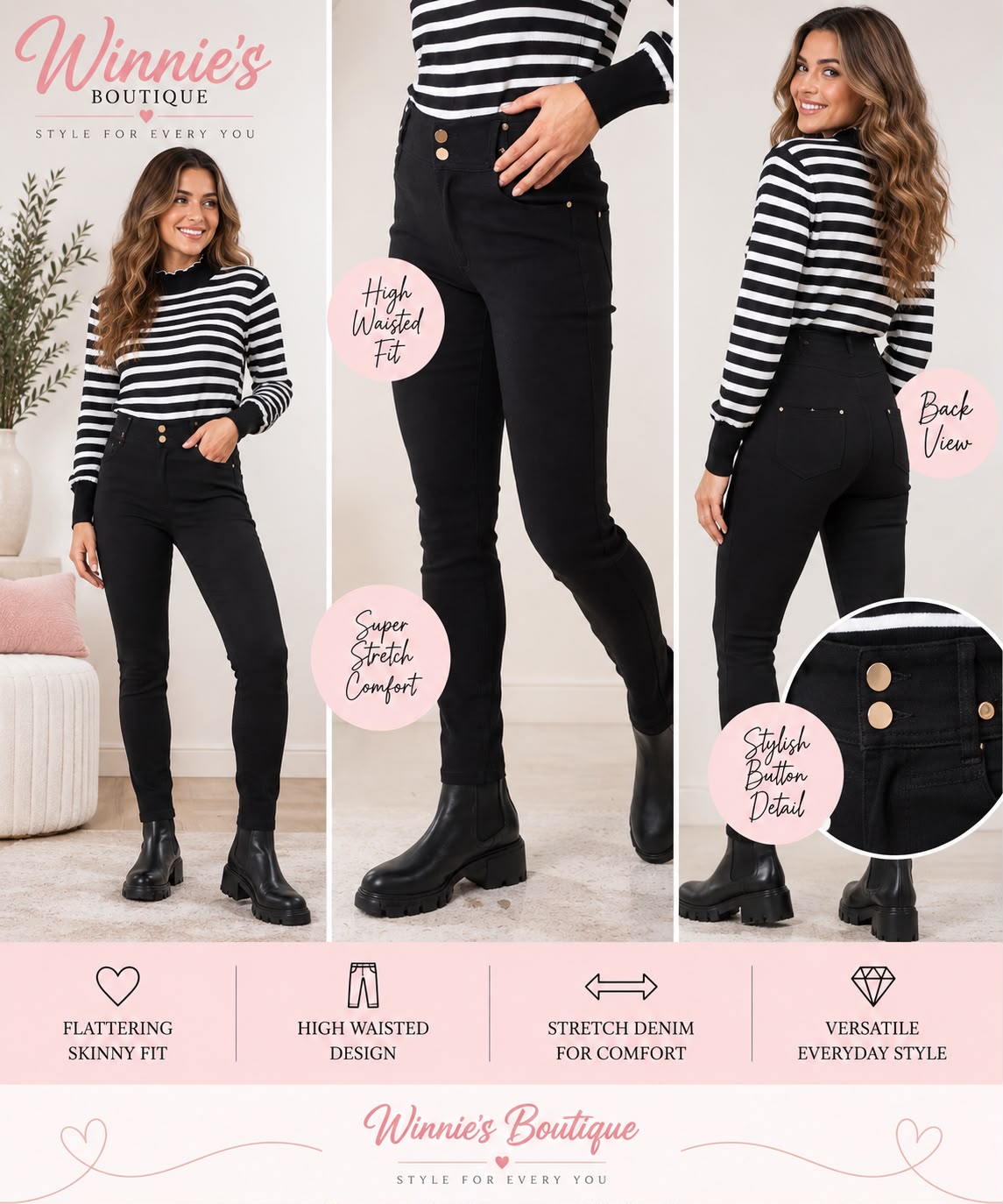Ladies High Waisted Stretch Skinny Jeans – Black – Sizes 8–14