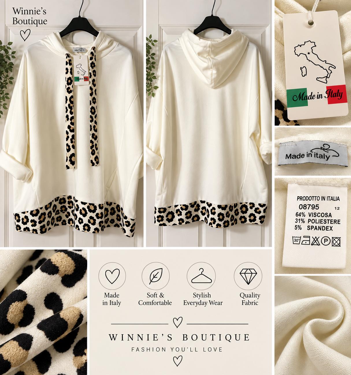 Ladies  Italian Leopard Print Trim Oversize Hoodie
