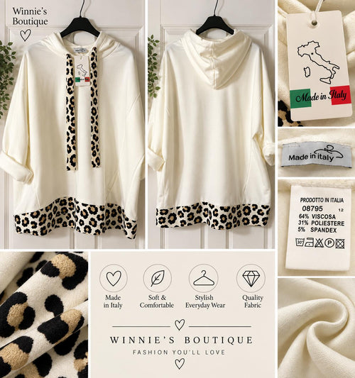 Ladies  Italian Leopard Print Trim Oversize Hoodie