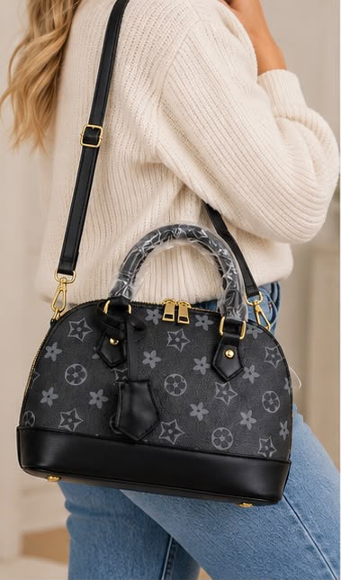 Ladies Monogram Print Dome Handbag with Detachable Cross body Strap