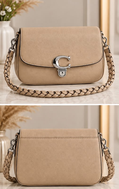 Ladies Flap Shoulder Bag with Braided Strap – Silver Tone Clasp
