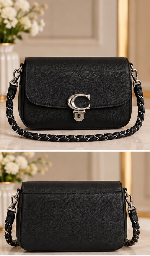 Ladies Flap Shoulder Bag with Braided Strap – Silver Tone Clasp
