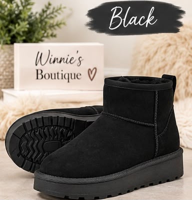 Ladies Faux Suede Fur Lined Ultra Mini Ankle Boots – Black & Chestnut
