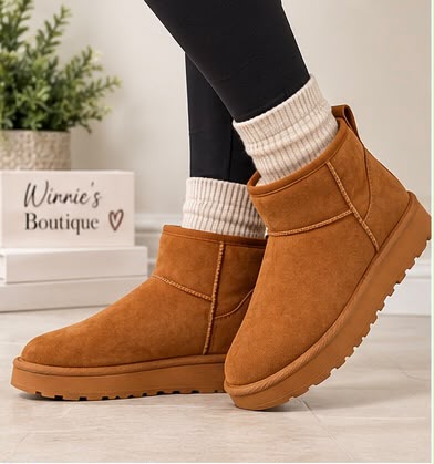Ladies Faux Suede Fur Lined Ultra Mini Ankle Boots – Black & Chestnut