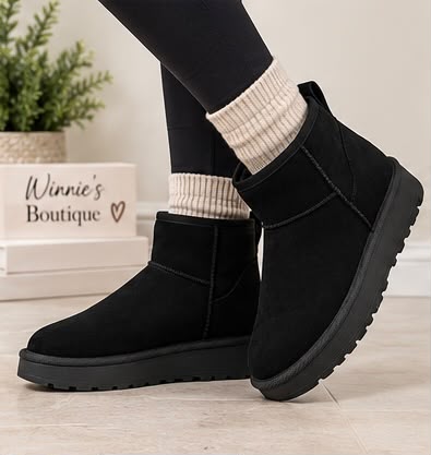 Ladies Faux Suede Fur Lined Ultra Mini Ankle Boots – Black & Chestnut