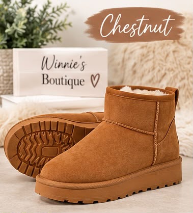 Ladies Faux Suede Fur Lined Ultra Mini Ankle Boots – Black & Chestnut
