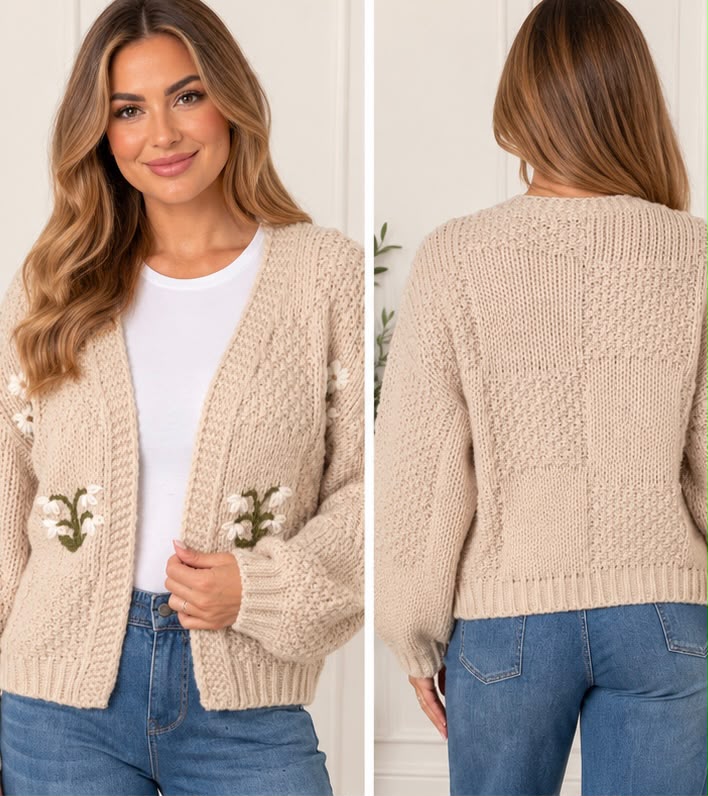 Ladies Floral Detail Chunky Knit Cardigan – Stone