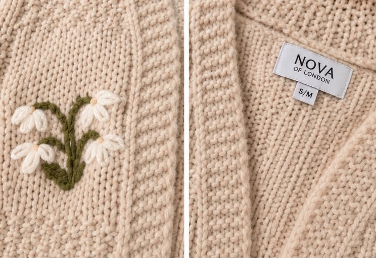 Ladies Floral Detail Chunky Knit Cardigan – Stone