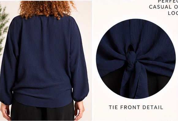 Ladies V-Neck Tie Front Blouse – Long Sleeve – Navy & Khaki