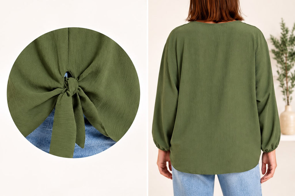 Ladies V-Neck Tie Front Blouse – Long Sleeve – Navy & Khaki
